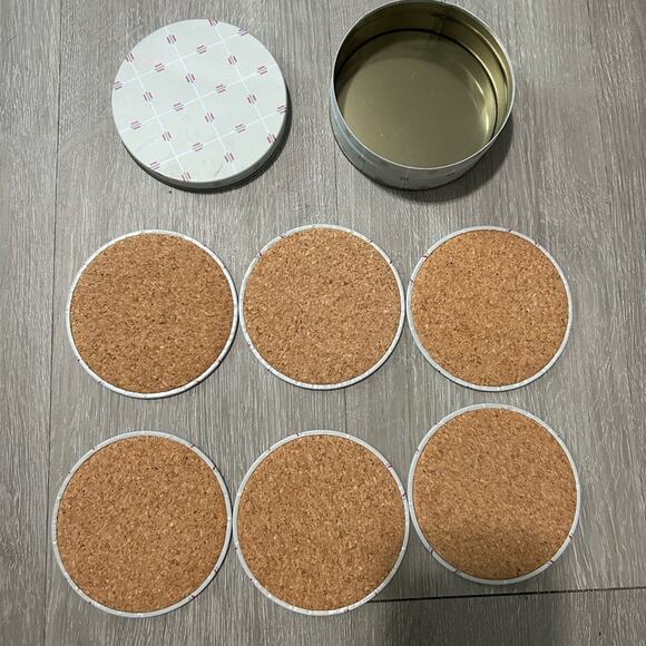 Vintage coaster tin set of 6 coasters- gray red blue- pattern- drink coaster - Picture 5 of 9